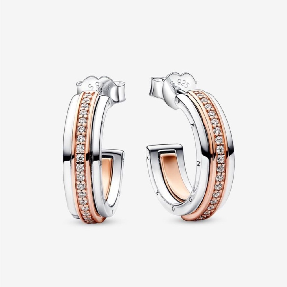 Pandora Signature Two tone Logo & Pavé Hoop Earrings
